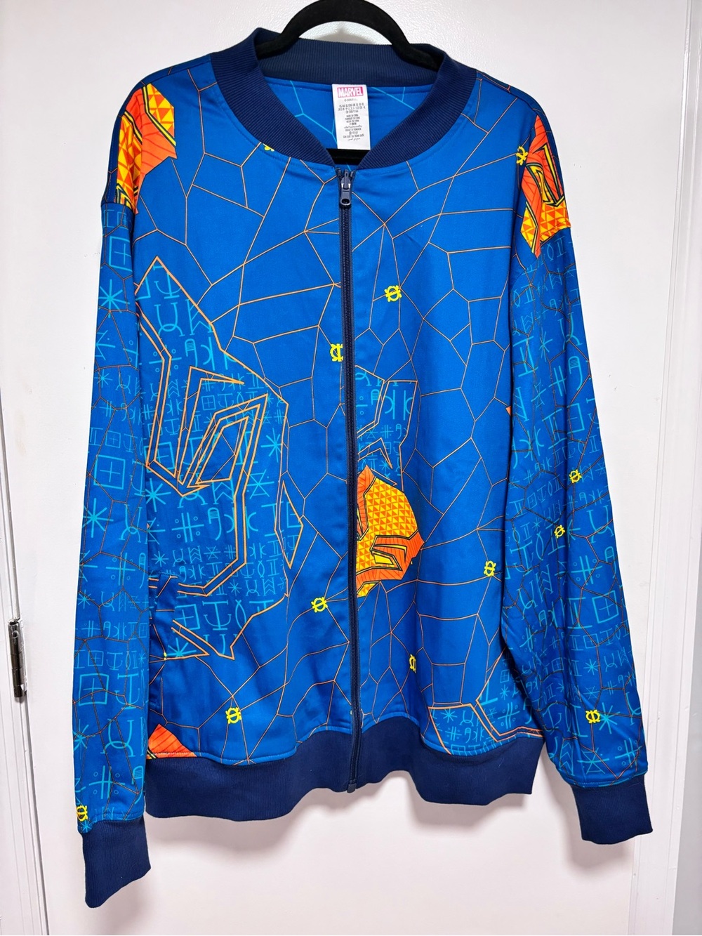 Reversible Marvel Blue Bomber Jacket with Purple Floral and Orange Chain Details - Picture 8 of 16